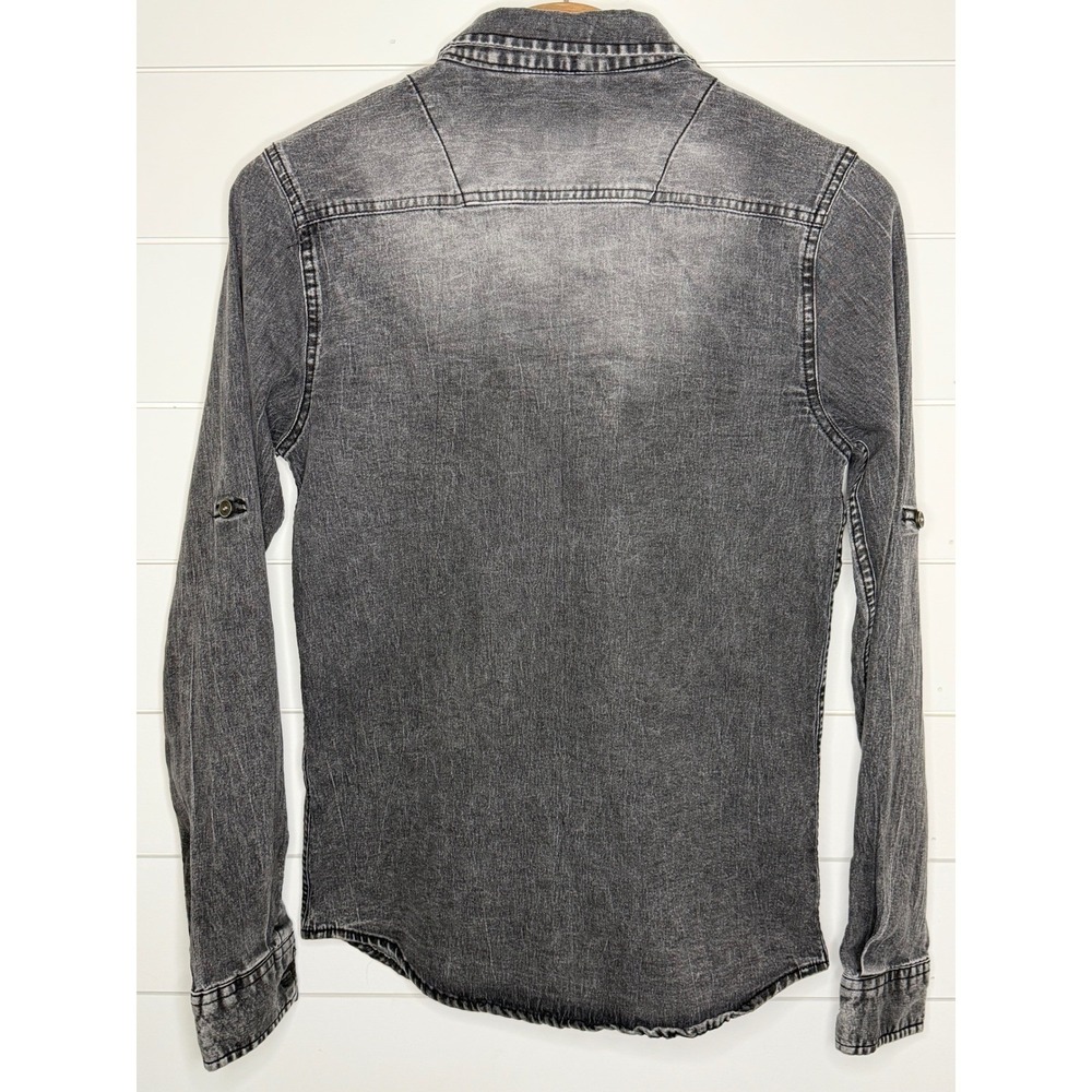Airwalk Mens Small Faded Black Denim Button Down Shirt Epaulettes Roll Tab Gray - Picture 2 of 5